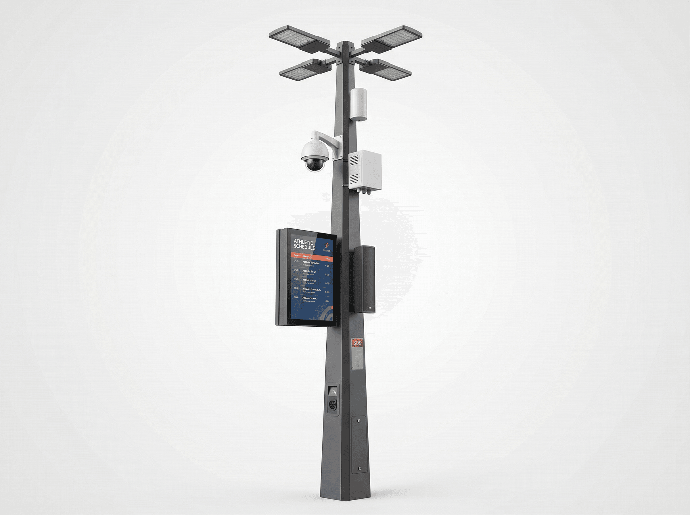 15m 스포츠 경기장 하이매스트 스마트 폴 — 4-in-1 LED + 카메라 + PA + WiFi